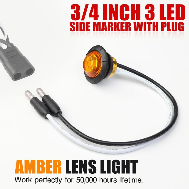 TMH 3/4 Inch Mini Amber Light 3 LED with Connector Plug Clearance Markers Side Marker Indicator Lights Mini Round Front Rear with Grommet for Truck Trailer Lorry Bus 12V DC (Pack of 20) - Image 3